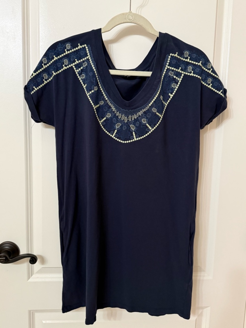NIC+ZOE Navy Tunic with Cream Embroidered Yoke. with pockets   PM